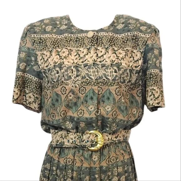 VTG 80s Green Floral Print Belted Pleated Midi Dress Size 16 *Fits like Large - Picture 6 of 17